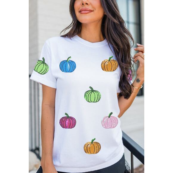 NWT White Sequin Pumpkin T Shirt - Picture 4 of 8